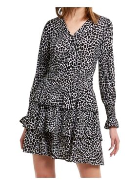 Michael Kors Black & White Animal Printed V-Neck Tiered Long Sleeve Dress